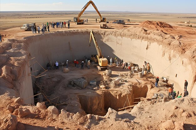 Travailleurs professionnels et équipements de construction sur le site pour le coulage des fondations en béton
