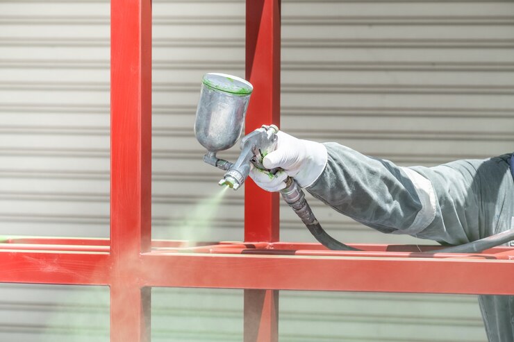 Travailleurs qui pulvérisent de la peinture sur du métal