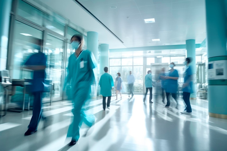 Photo des travailleurs de la santé marchant dans l'hôpital