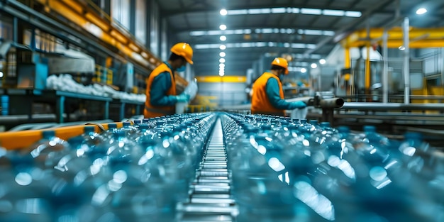 Travailleurs traitant des bouteilles en plastique dans une usine de traitement des déchets capturés dans une image floue Concept Environnement du lieu de travail Recyclage des déchets Traitement des bouteelles en plastique Travailleurs industriels