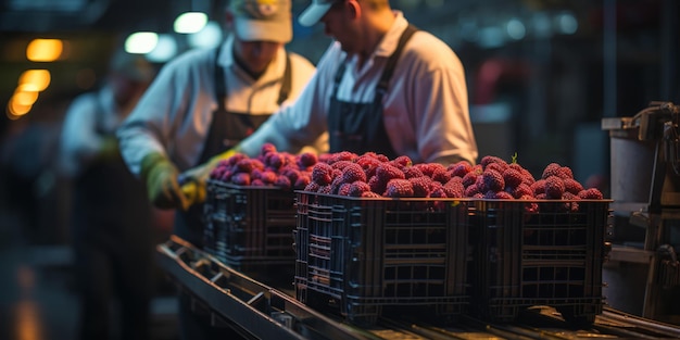 Photo travailleurs transportant des caisses de framboises à l'entrepôt concept d'agribusiness