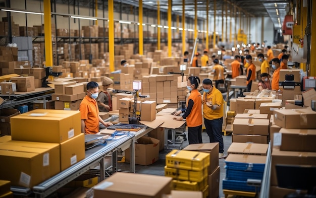 Travailleurs travaillant sur des étagères d'entrepôt remplies de boîtes en carton et de paquets de paquets AI