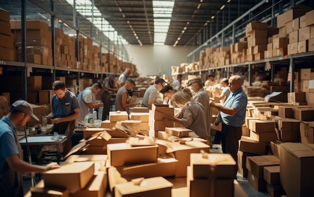 Travailleurs travaillant sur des étagères d'entrepôt remplies de boîtes en carton et de paquets de paquets AI