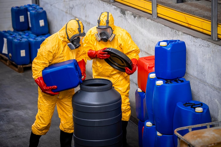 Travailleurs d'usines chimiques en costume de matières dangereuses mélangeant des produits chimiques et des acides de fabrication pour l'industrie lourde