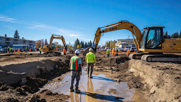 Les travailleurs utilisent des équipements lourds, leurs actions synchronisées et leur maîtrise des machines travaillent en harmonie pour compacter et niveler le sol. Généré par l'IA