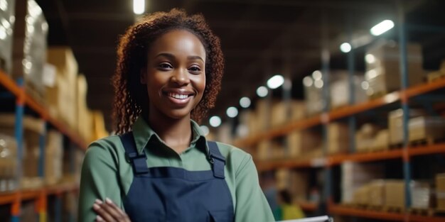 une travailleuse afro-américaine dans un entrepôt de quincaillerie vérifie les fournitures sur sa tablette