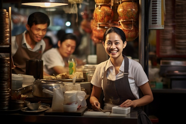 Une travailleuse asiatique qui dessert les clients.