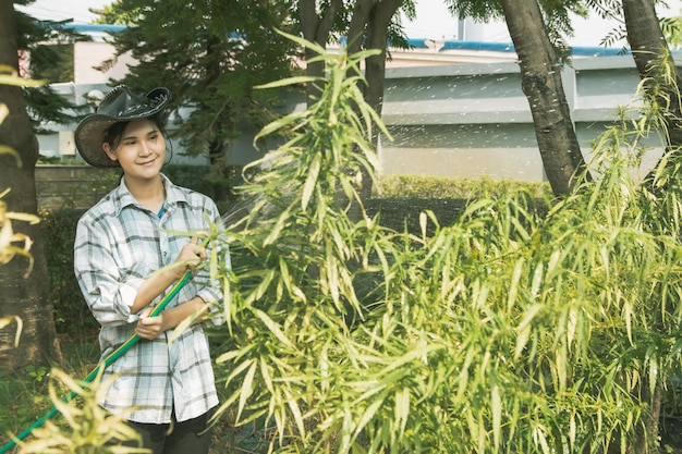 Travailleuse asiatique qui s'occupe des plants de marijuana tenant un tuyau pour arroser les plants de marijuana.