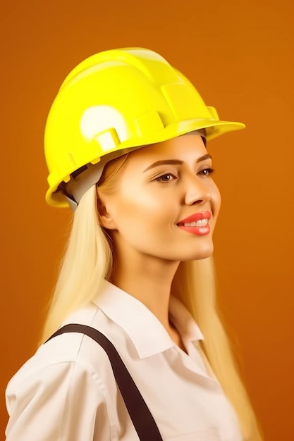 Travailleuse blonde portant un casque de protection du travail jaune tourné en studio sur fond jaune