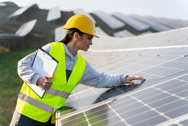 Une travailleuse caucasienne en gilet de signalisation touche le panneau solaire et vérifie les dommages Concept de travail dans une entreprise respectueuse de l'environnement