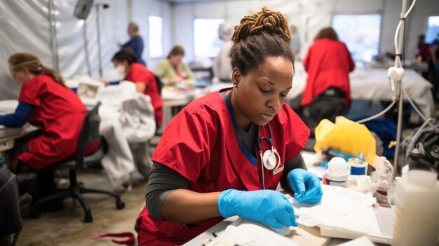 Photo une travailleuse humanitaire dévouée en chemise rouge fournit des soins médicaux à un patient à l'intérieur d'une tente de clinique extérieure improvisée