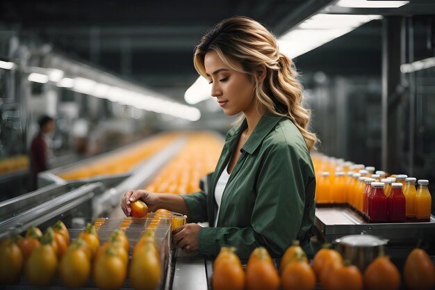 Une travailleuse inspecte le jus de fruits en bouteille sur le convoyeur d'une usine de boissons pour le contrôle de la qualité.