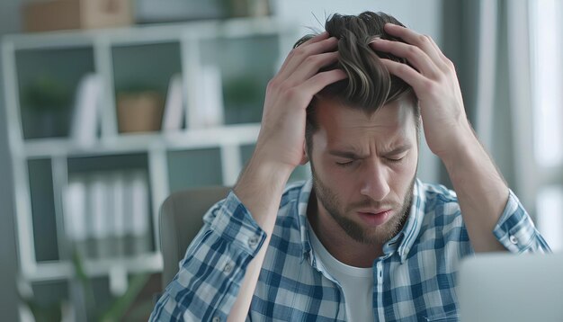 une travailleuse a mal à la tête sur un fond de bureau blanc