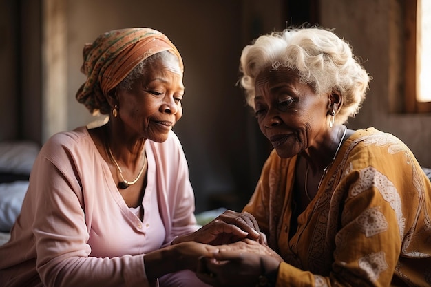 Une travailleuse sociale africaine qui s'occupe d'une femme âgée.