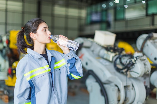 Travailleuse de soins de santé buvant de l'eau propre tout en travaillant dans un entrepôt de machines d'usine pour se rafraîchir et rester en bonne santé