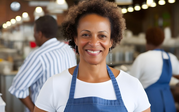 Photo une travailleuse souriante devant le magasin sur un fond flou concept de femme d'affaires locale