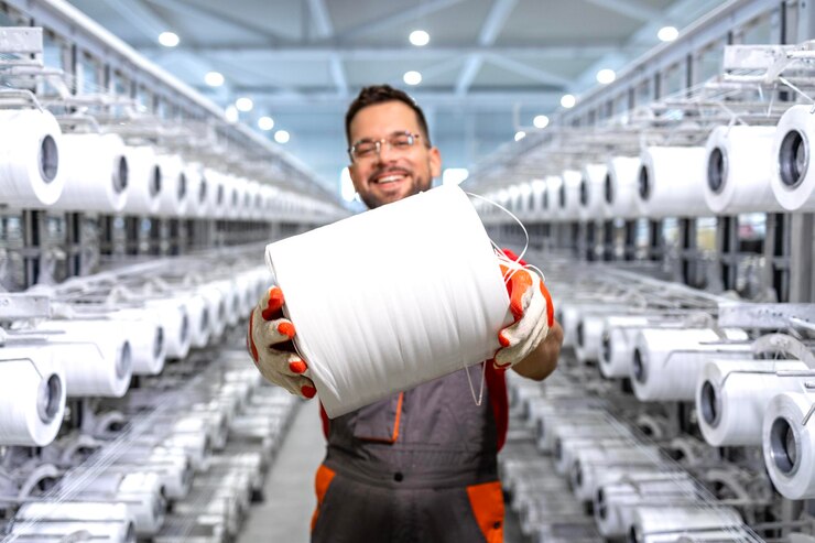 Travailleuse d'une usine textile tenant une bobine de fil et debout près d'une machine à tricoter industrielle