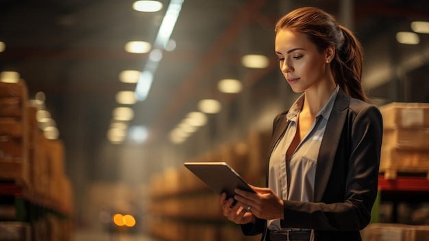 Une travailleuse vérifie l'inventaire avec une tablette dans une usine intelligente