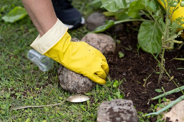 Travaux de jardinage avec des gants jaunes