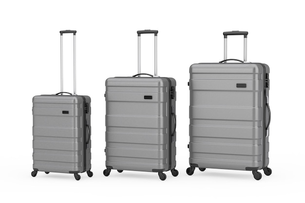 Travel Holiday Vacation Concept Valises grises en plastique de luxe modernes dans différentes tailles rendu 3d