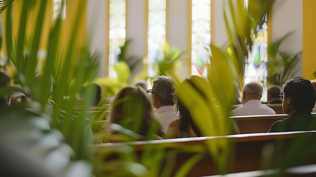Photo À travers les feuilles vertes d'une plante en pot, nous voyons une congrégation d'église derrière, les gens sont assis sur des bancs à écouter le sermon.