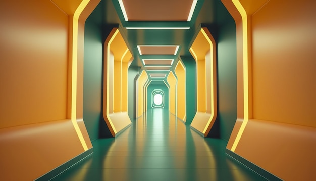 Traverser un large tunnel ou couloir futuriste vide AI générative