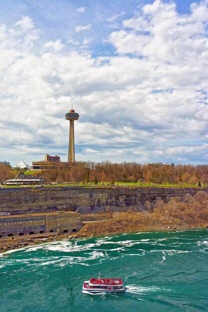 Traversier d'excursion dans la rivière Niagara. La rivière Niagara est une frontière entre les États-Unis d'Amérique et le Canada.