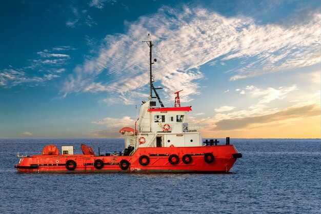 Trawler naviguant sur la mer contre un ciel nuageux au coucher du soleil