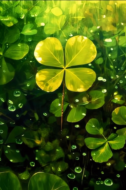 Le trèfle vert à quatre feuilles autour des gouttes de rosée, les feuilles vertes de l'eau, le trêvre vert à quatrefeuilles, symbole de la fête de Saint-Patrick.