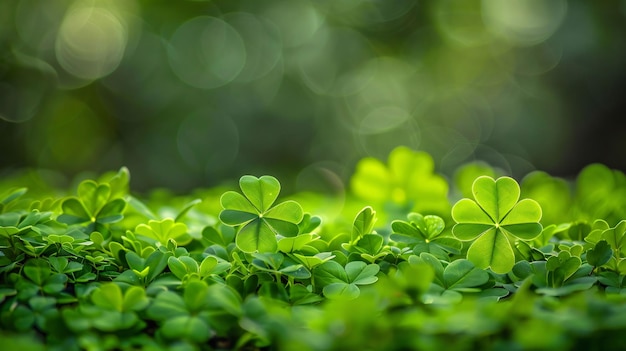 Des trèfles verts fins poussant du sol sur un fond vert vif avec un grand effet bokeh Le trèfle vert à quatre feuilles est le symbole de la fête de Saint-Patrick.