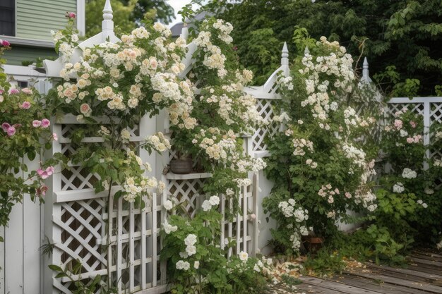 Un treillis avec des fleurs en cascade et de la verdure sur une clôture en bois blanc