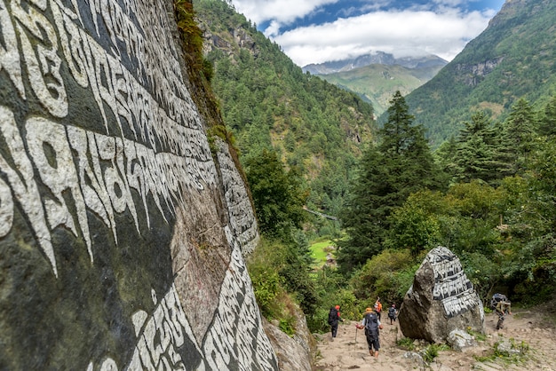 Trekker marche sur le chemin menant au camp de base Mt.everest dans la région de Khumbu, Népal