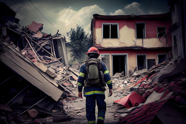 Tremblement de terre en Turquie Service de sauvetage l'homme dans le casque efface les décombres de la maison après une catastrophe naturelle générative ai