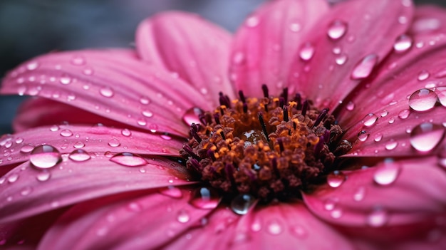 Photo trempé de beauté gros plan captivant d'une fleur rose avec des gouttelettes d'eau generativeai
