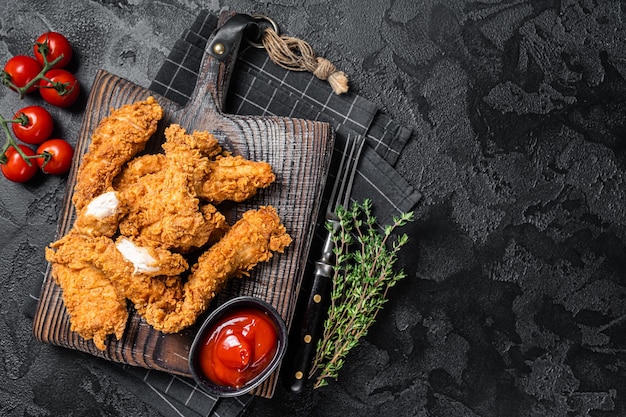 Tremper les lanières de poitrine de poulet panées frites avec du ketchup de tomate sur une planche de bois Backgrund noir Vue de dessus Copier l'espace