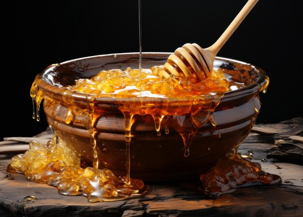 Une trempette de miel versée dans un bol de miel