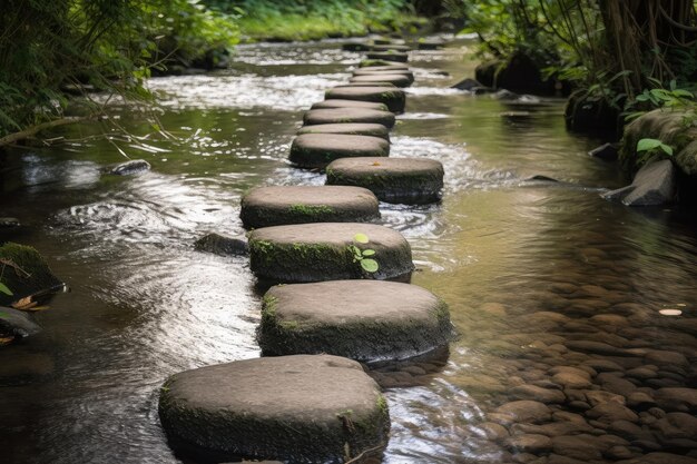 Tremplins à travers un ruisseau avec l'eau qui coule en dessous