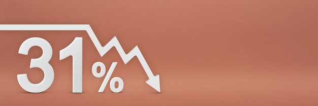 Trente et un pour cent, la flèche sur le graphique pointe vers le bas Crash boursier Inflation du marché baissier Effondrement économique Effondrement des stocks Bannière 3d Signe de réduction de 31 % sur fond rouge