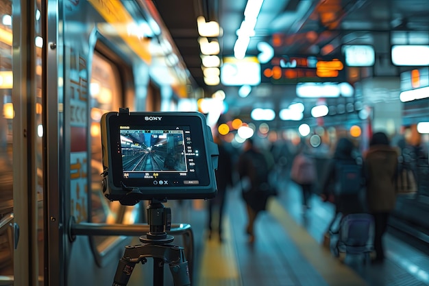 Photo un trépied avec une caméra sur un trépied dans une gare