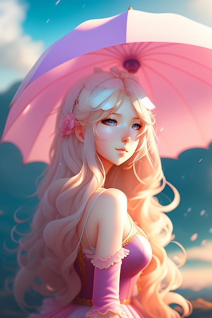 Une très belle fille anime long cheveux blonds ondulés yeux bleu ciel sourire court robe rose parasol