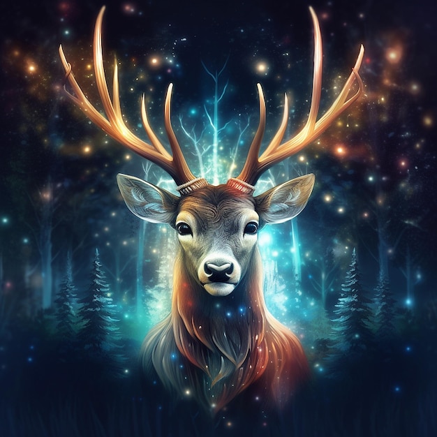 Très belle peinture portrait tête de cerf magique lumières images Generative AI