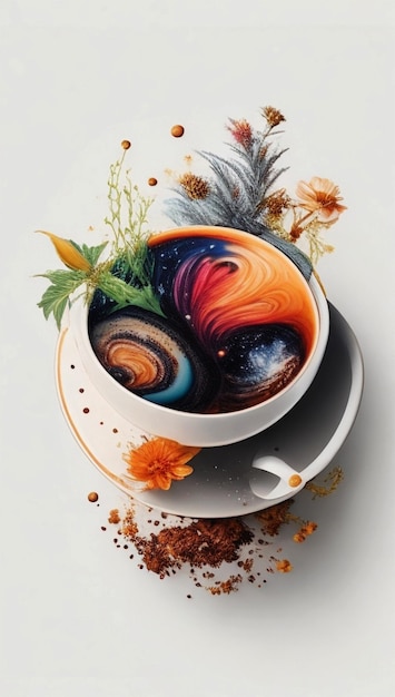 très détails galaxie à l'intérieur d'une tasse de café sur une assiette