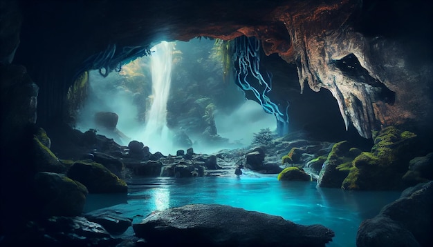 Une très grande grotte avec une belle cascade.
