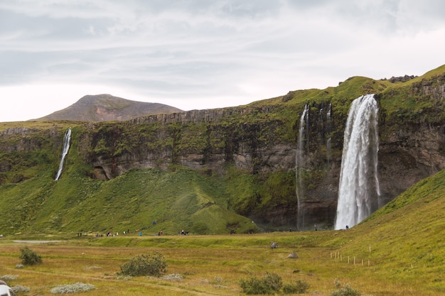 Photo très haute et belle cascade en islande. cascade de rêve dans les vallées verdoyantes de la magnifique île d'islande