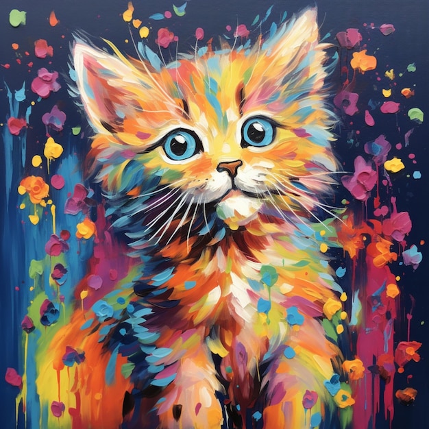 Très heureux arc-en-ciel couleur d'eau peinture de chaton image d'art généré par l'IA