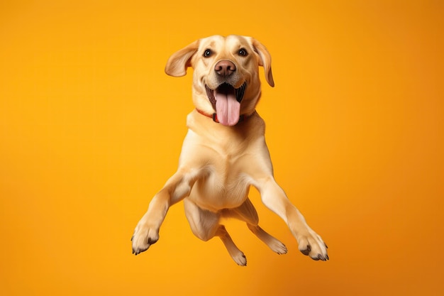 Très heureux chien Labrador Retriever en sautant en vol sur fond orange