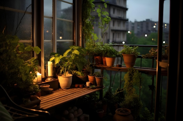 Photo un très joli petit balcon avec de superbes plantes vertes, la pluie arrive lentement le soir