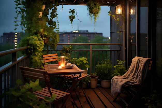 Photo un très joli petit balcon avec de superbes plantes vertes, la pluie arrive lentement le soir