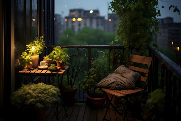 Photo un très joli petit balcon avec de superbes plantes vertes, la pluie arrive lentement le soir