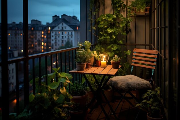Photo un très joli petit balcon avec de superbes plantes vertes, la pluie arrive lentement le soir